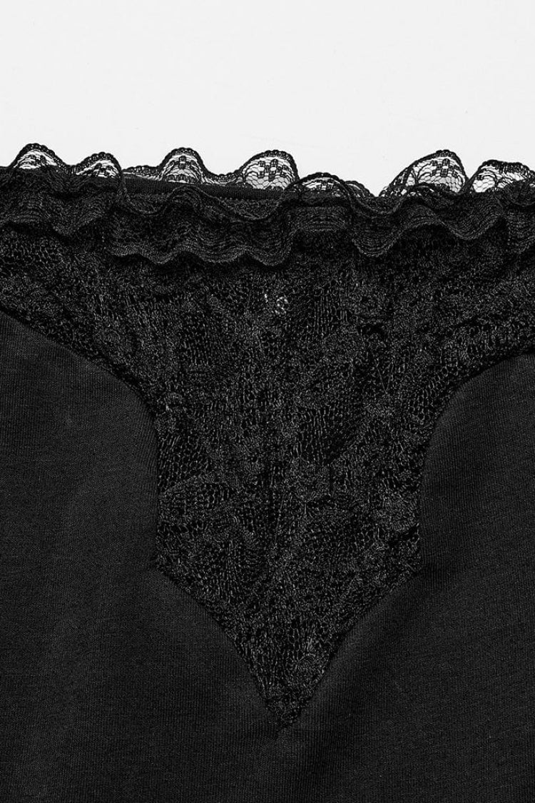 ブラックオフショルダーショートスリーブホロウボウノットレース女性用ゴシックトップス 