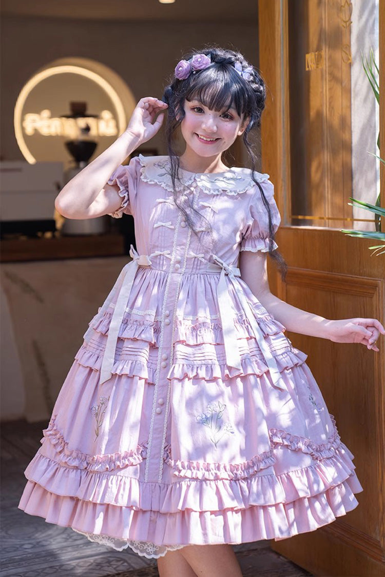 Pink Doll Collar Short Sleeves Iris Poem Print Ruffle Embroidery Sweet Lolita Dress