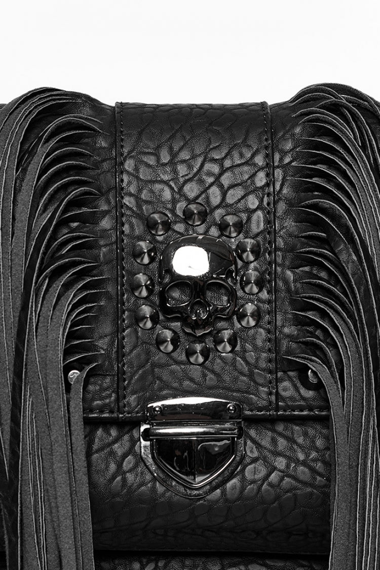 Black Studded Tassels Rivet Straps Faux Leather Women's Gothic Bag