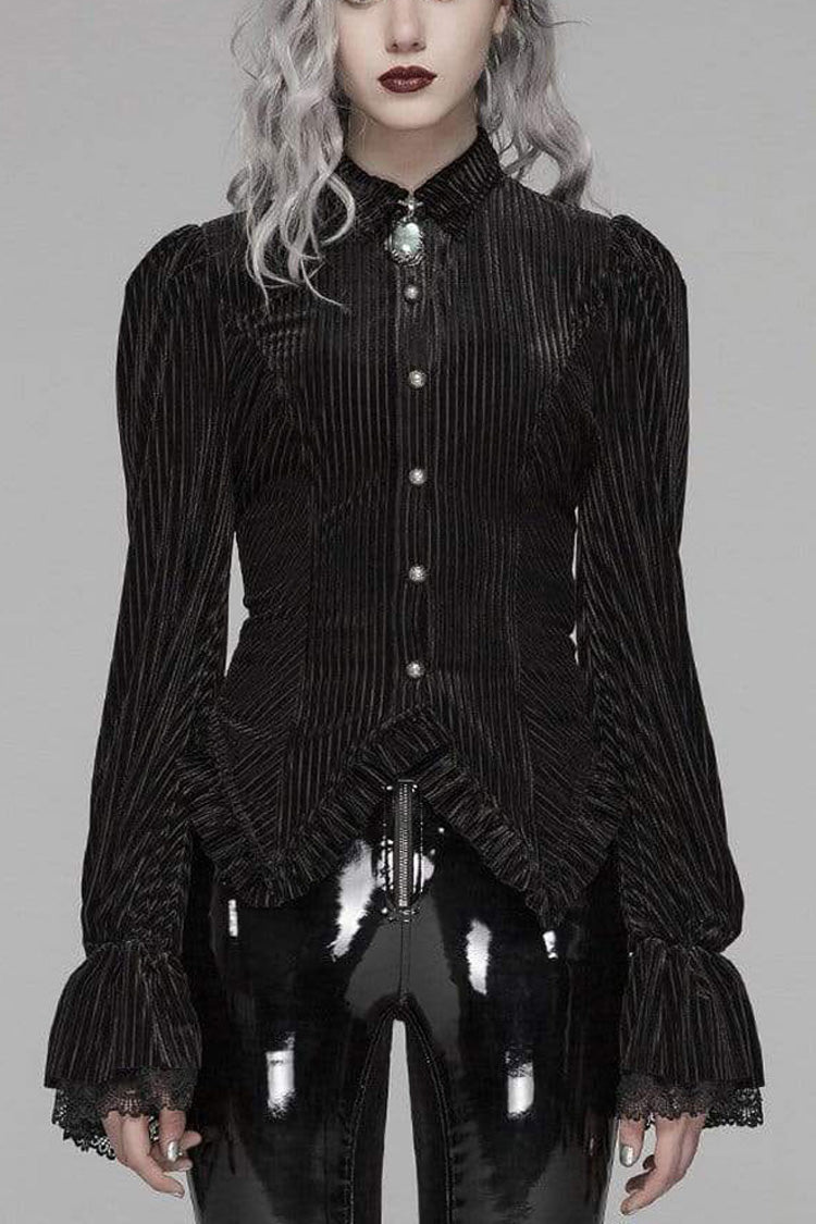Gestreifte Samt-Metall-Retro-Knopf-Spitze-Manschette hinten Taille Schnürung Damen Gothic Bluse