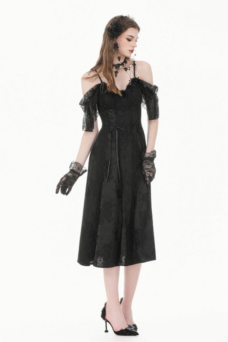 Robe gothique noire à lacets pour femmes, épaules dénudées, manches flottantes, Corset latéral en Jacquard, à lacets
