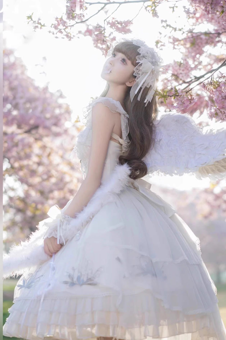 White [Love Is Coming] Multi-layer Ruffle Embroidery Bowknot Sweet Princess Lolita Jsk Dress