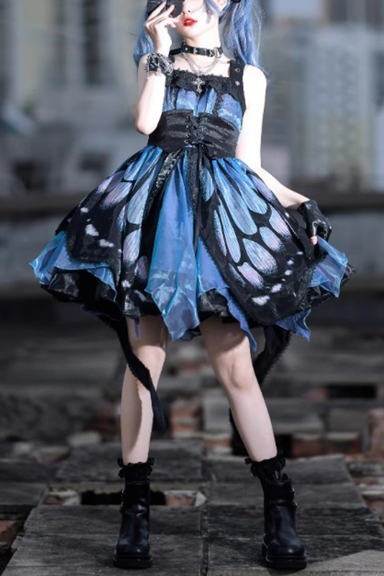 Black/Blue Butterfly Effect Sleeveless Print Girdle Version Gothic Punk Lolita Dress