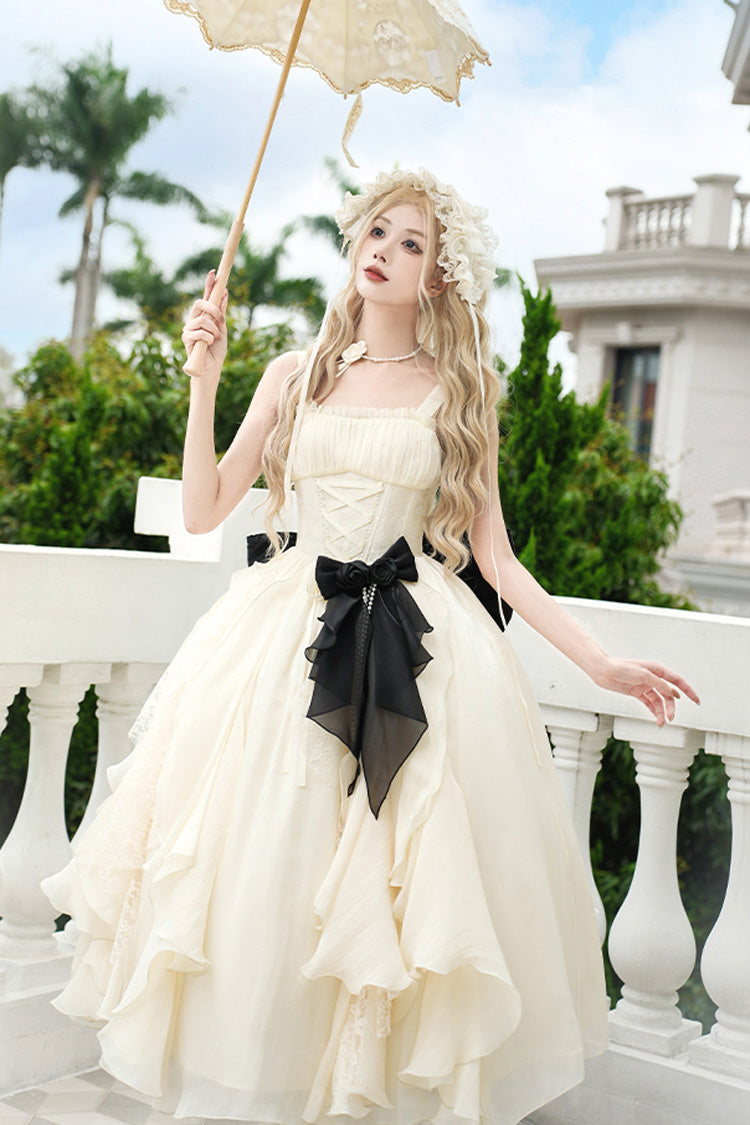 Robe longue sans manches en ivoire [Variations au clair de lune] avec volants et lacets Sweet Lolita Jsk 