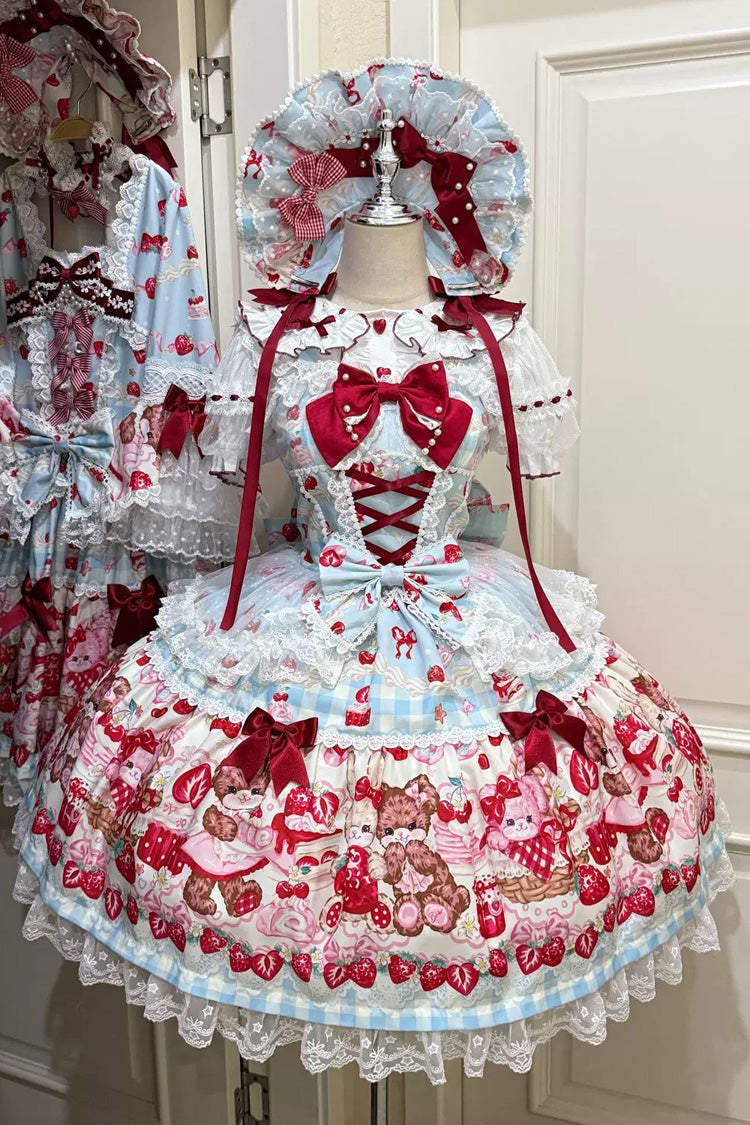 Rot/Blau [Sweet Berry Bunny Bear] Süßes Lolita JSK-Kleid zum Schnüren mit Schleife und Spitze