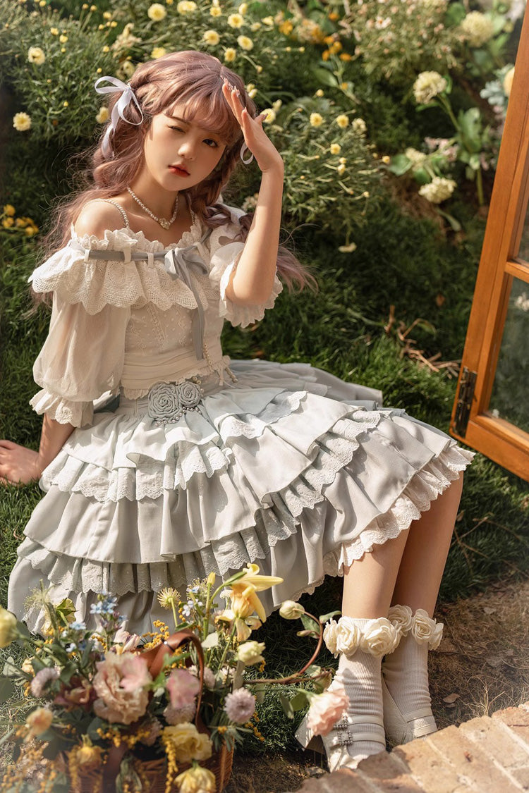 Light Blue Rose Multi-layer Ruffle Princess Sweet Lolita Skirt