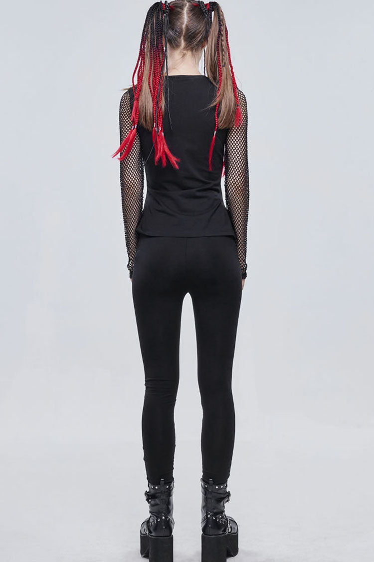 Black Gothic Stretch Knitted Fabric Spliced Mesh Devil Sheep Head Pattern Printing Women's Leggings