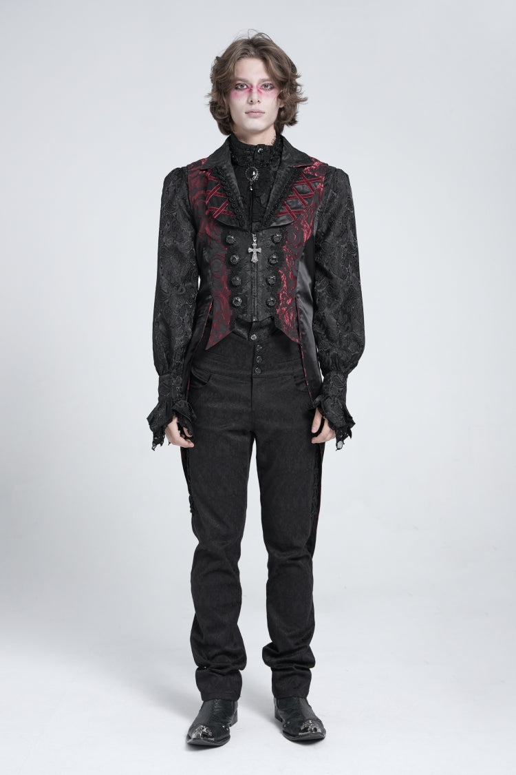 Gilet gothique à queue d'hirondelle pour homme sans manches noir/rouge avec laçage et fermeture éclair 