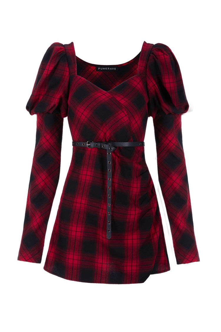 Schwarzes/rotes Gitterkleid mit hoher Taille und langen Ärmeln für Damen im Steampunk-Stil mit Gürtel