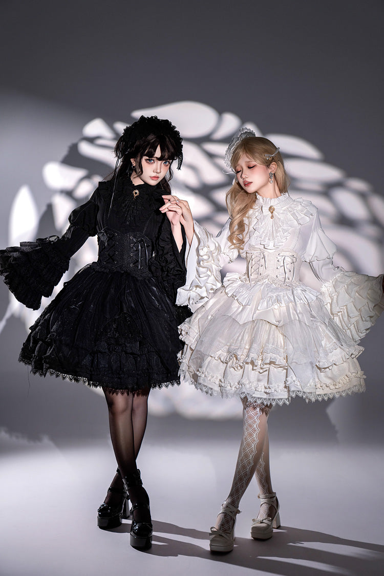 Black [The Angel of Good and Evil] Multi-Layered Ruffled Lace Gothic Elegant Lolita Skirt (Corset Belt Included)