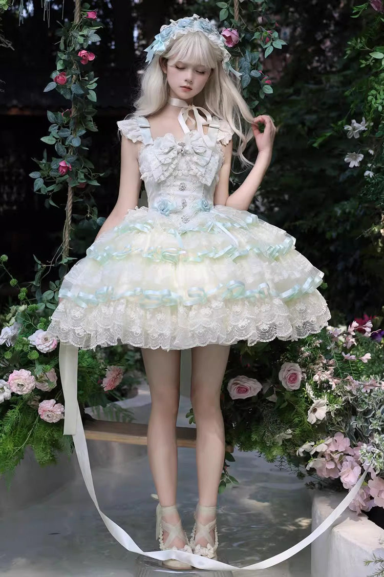 Green [Rose Feather Waltz] Sleeveless Triple-Layered Ruffle Bowknot Lace Sweet Ballet Lolita Jsk Dress