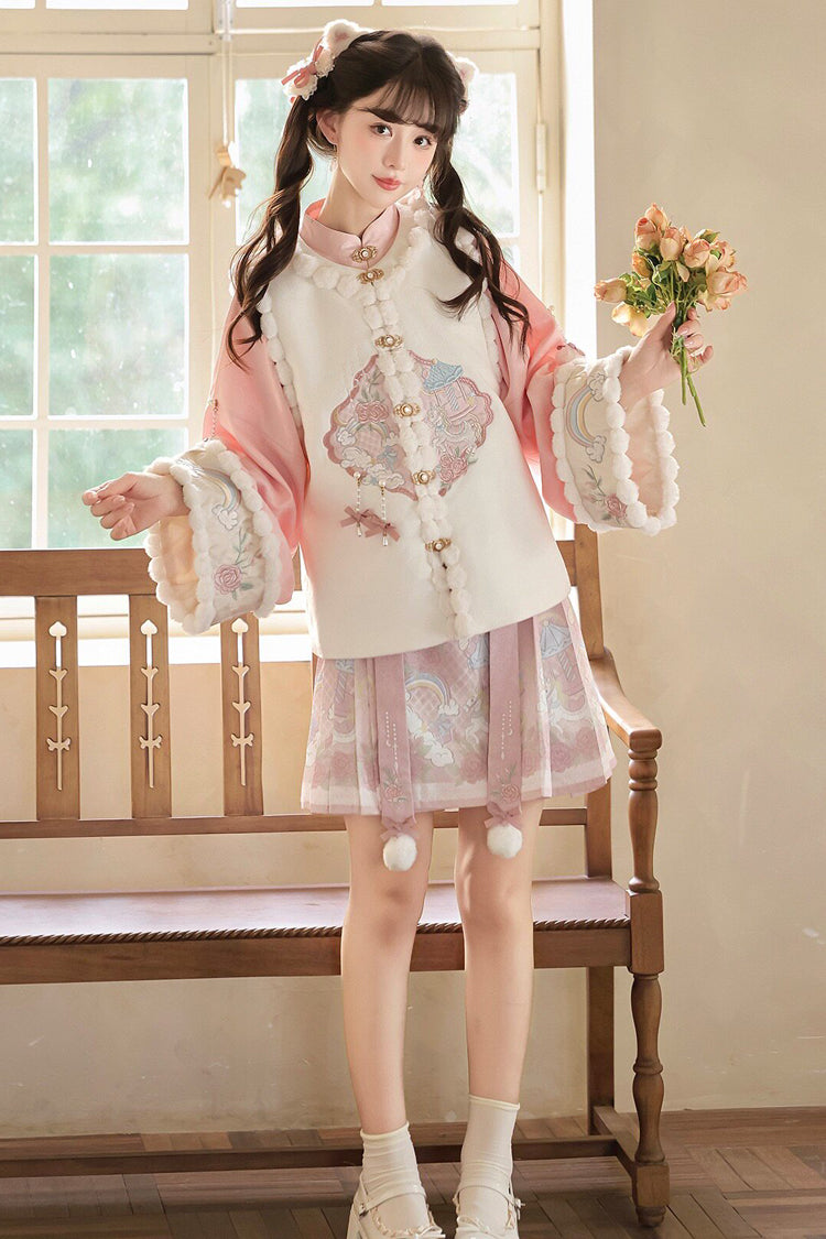 Ensemble de robe Hanfu douce pour femmes, blanc/rose, [Miracle Pony], col rond, manches longues, taille haute, imprimé