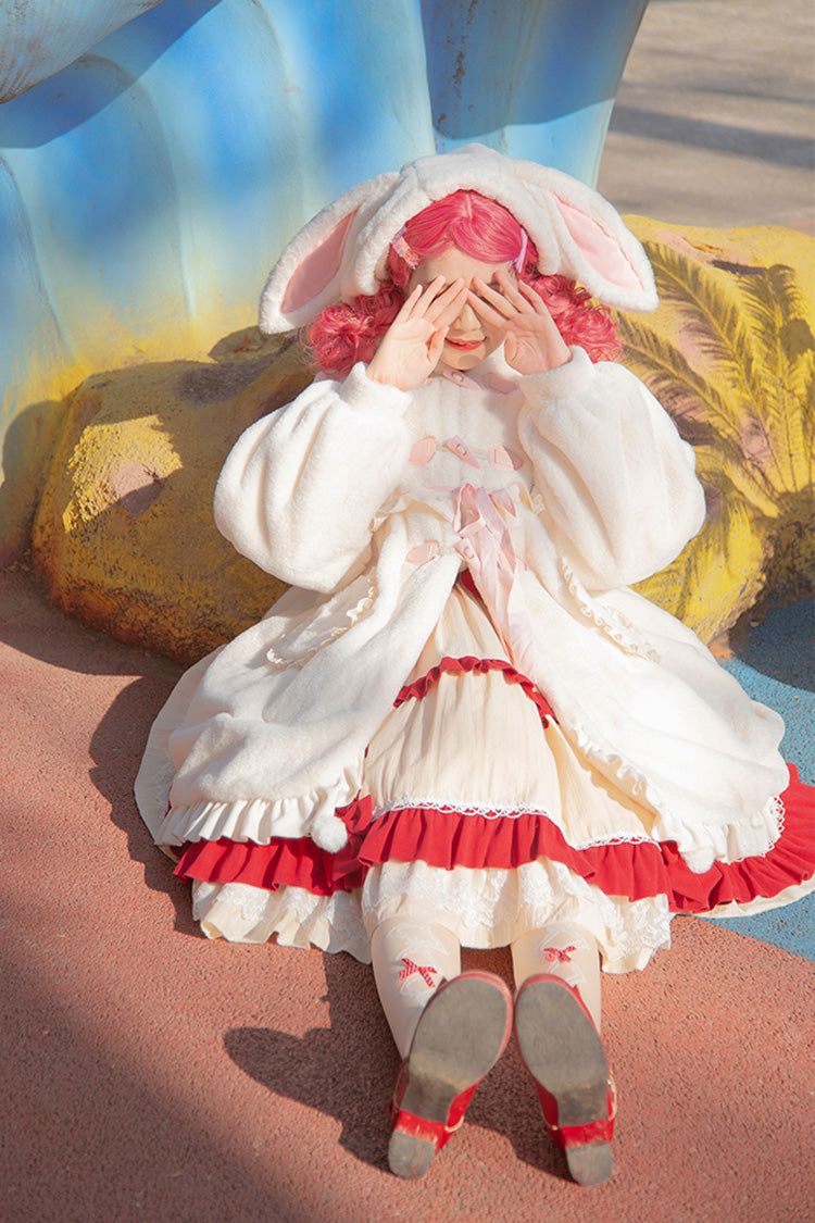 Ivory Long Ears Rabbit Ruffle Bowknot Hooded Daily Sweet Lolita Coat
