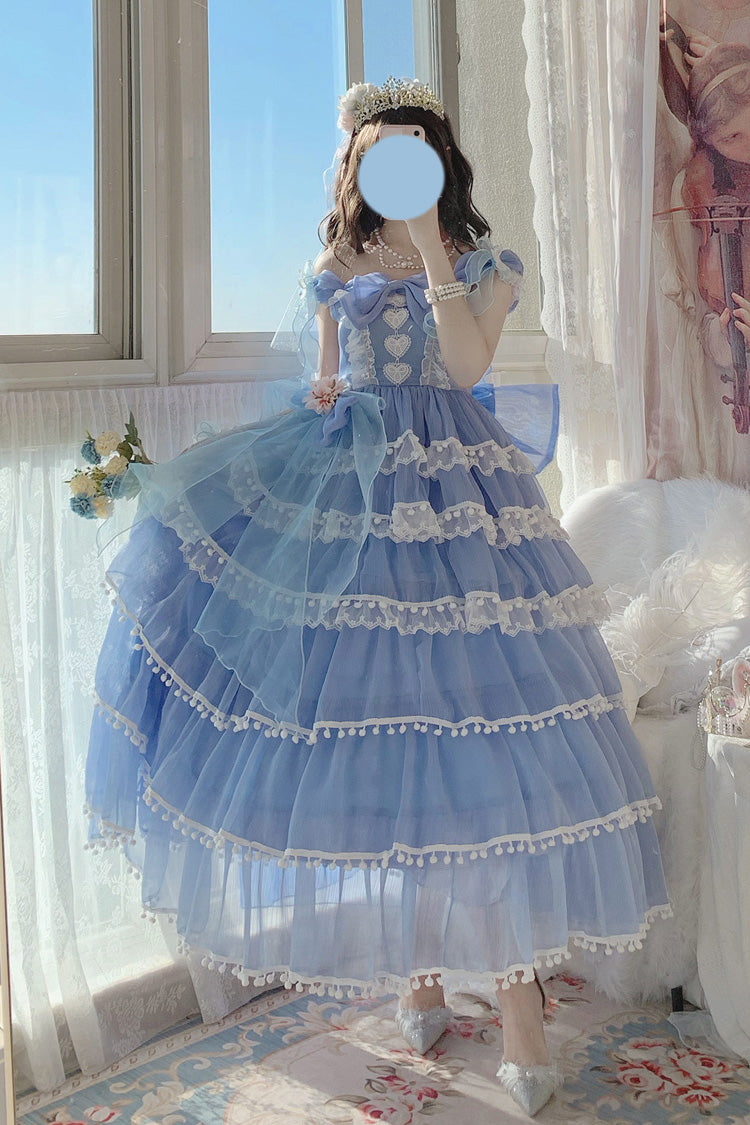 Blue Multi-Layered Ruffled Hanayome Bow Pearl-Decorated Sweet Lolita Jsk Dress Full Set 2 Versions