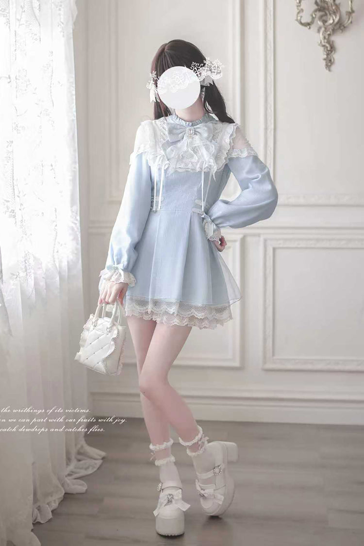 Aqua [Battement de cœur d'ange] Manches longues Nœud en dentelle Robe japonaise douce Jirai Kei 