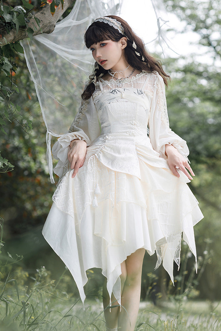 Weißes mehrlagiges süßes elegantes Lolita-Kleid mit Schleife und unregelmäßigem Schnitt