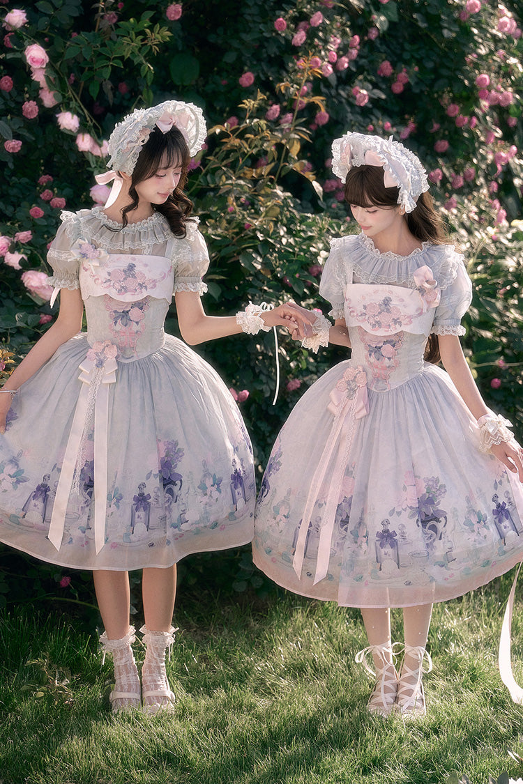[Morning Dew Rose] Square Collar Flutter Sleeves Printed Embroidered Bow Sweet Chinese Inspired Lolita Jsk Dress 2 Colors (Blue, Green)