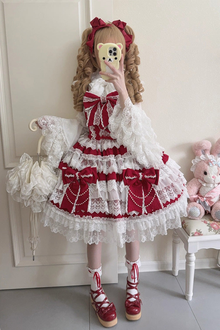 Wine Red [Knot of the Crossed Heart] Sleeveless Multi-Layered Ruffle Hanayome Cardigan Bowknot Lace Lace-Up Sweet Lolita Jsk Dress