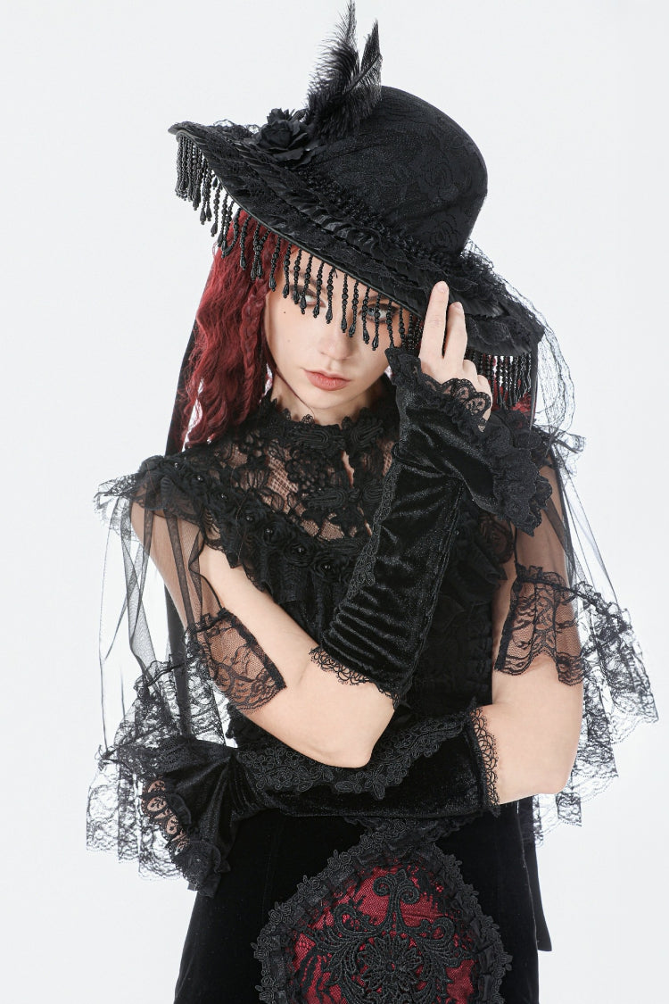 Black Women's Gothic Vintage Lace Bow Floral Feather Tassels Hat