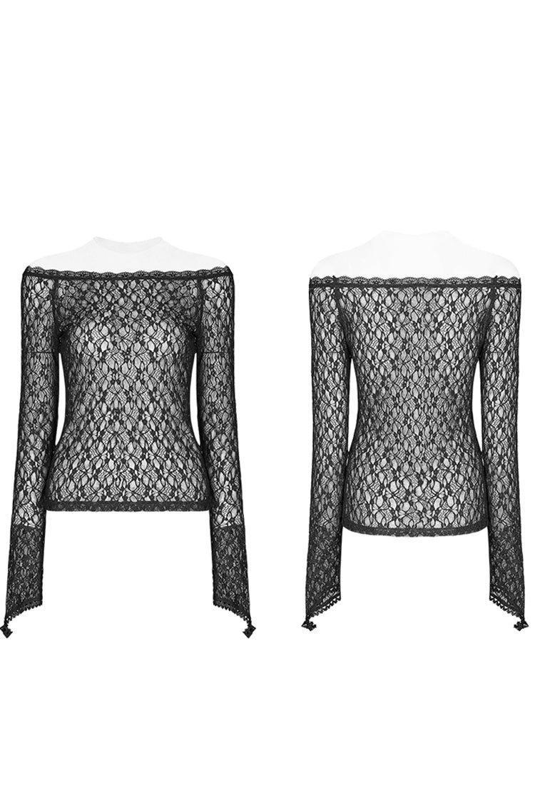 Schwarzes langärmliges Ein-Wort-Kragen-transparentes Spitzen-Gothic-T-Shirt für Damen