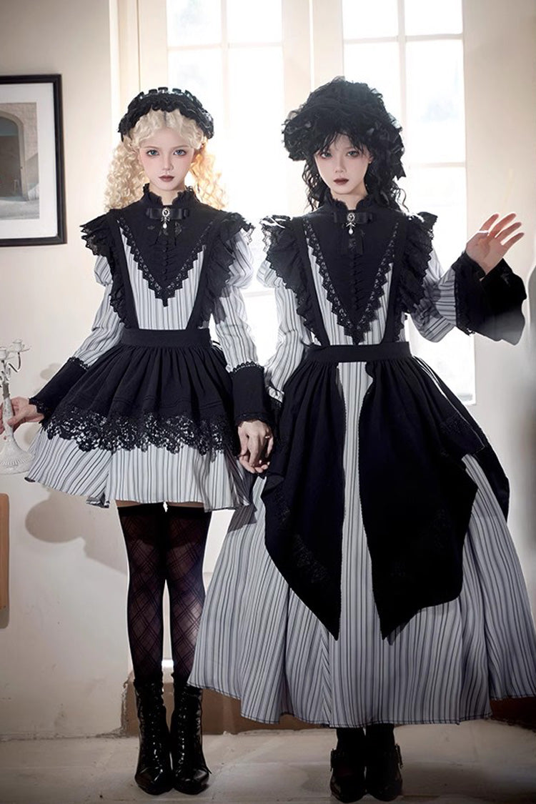 Light Grey [Nocturne] Vertical Stripes Print Ruffle Bowknot Lace Gothic Lolita Dress 2 Versions