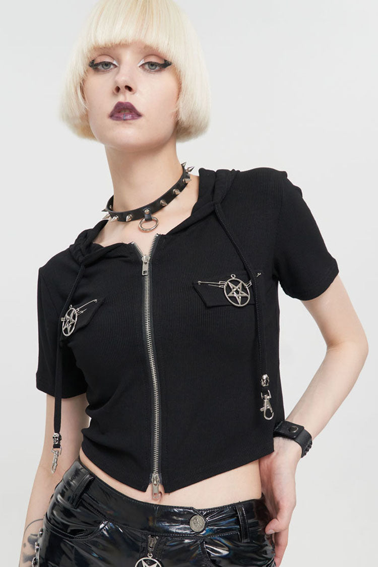 Black Punk Front Metal Zipper Pentagram On Both Sides Hooded Women's T-Shirt