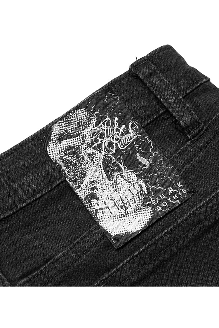 Black Denim Chain Decorated Tight Waist Slit Micro Punk Flared Women's Pants