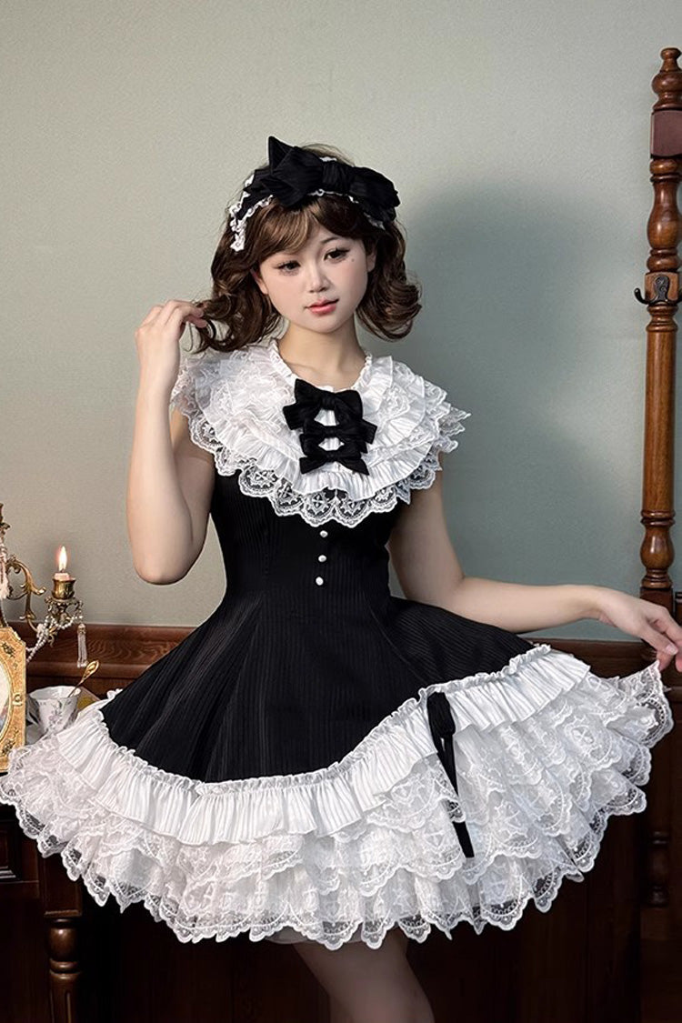 Black/White [Miss Tsundere] Sleeveless Multi-Layered Ruffle Bowknot Lace Asymmetric Sweet Princess Lolita Dress