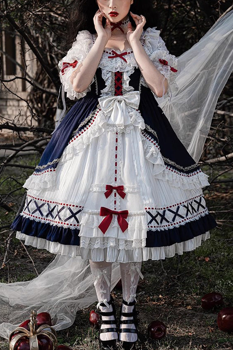 ホワイト/ブルーゴージャスな白雪姫五分袖フリル甘ロリータティアードドレス