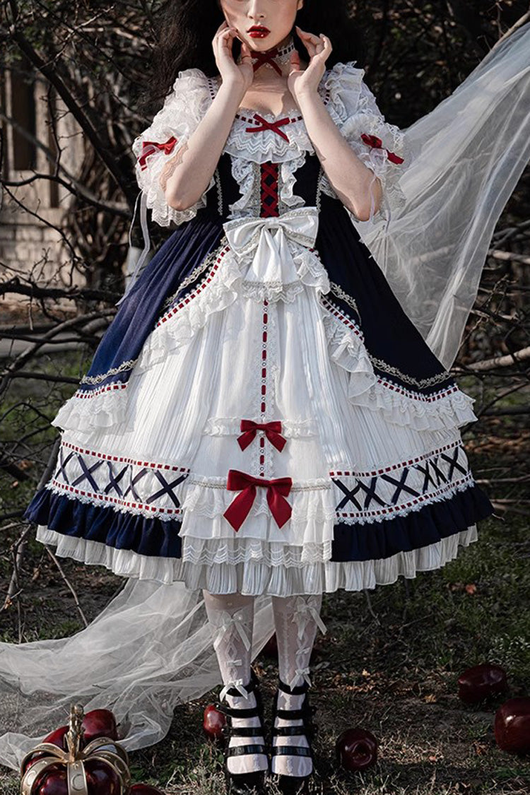 White/Blue Gorgeous White Snow Princess Half Sleeves Ruffle Sweet Lolita Tiered Dress