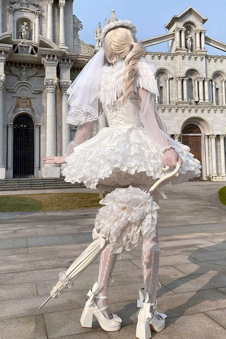 Robe Lolita Jsk de ballet douce avec nœud papillon à volants à double couche en dentelle à lacets [Flory Butterfly] blanche 