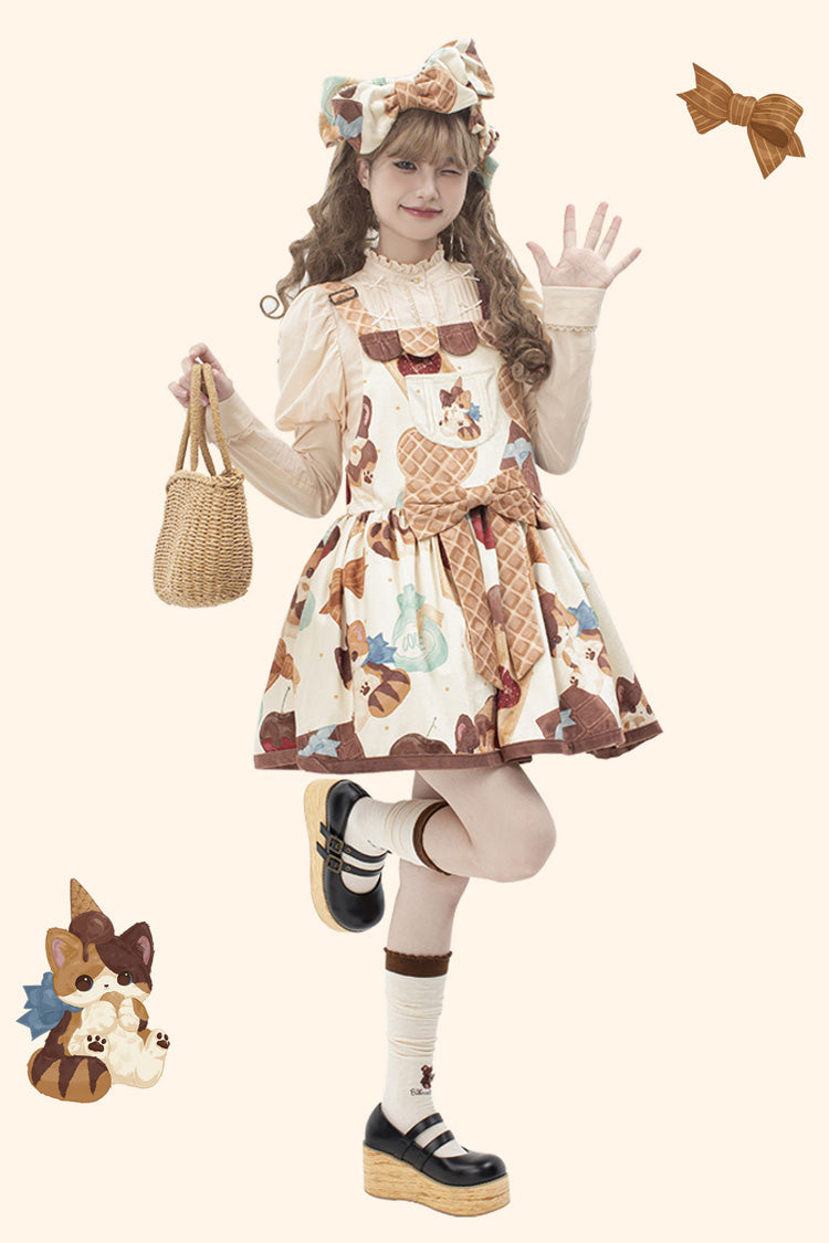Multi-Color Sleeveless Muffin Kitten Print Bowknot Sweet Lolita Strap Dress