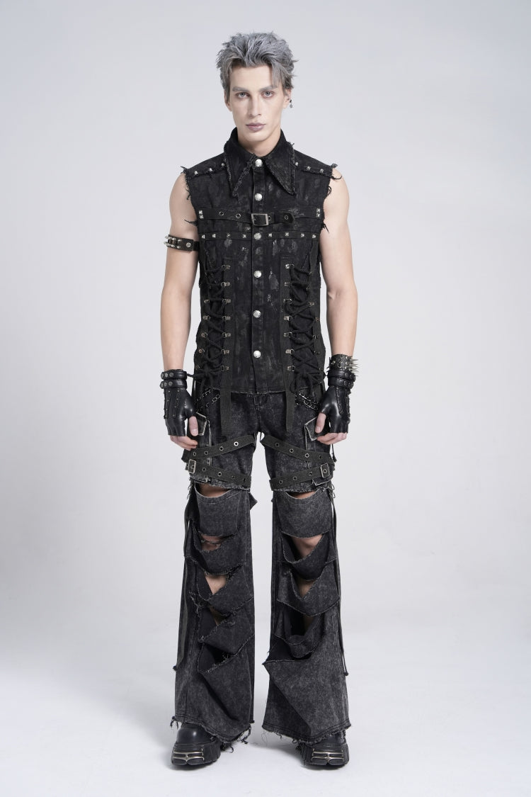 Black Sleeveless Studded Lace-Up Men's Gothic Distressed Vest