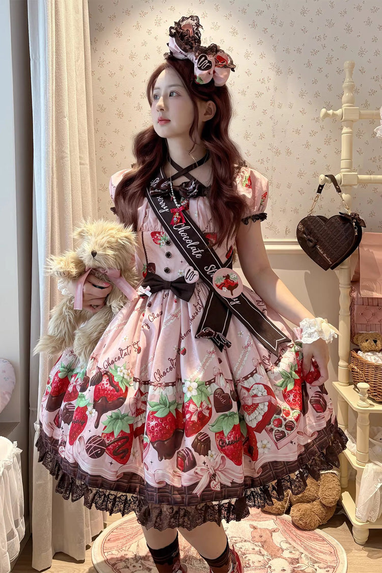 Rosa [Strawberry Chocolate Lover] Süßes Lolita-Kleid mit quadratischem Kragen, kurzen Ärmeln, bedruckter, gerüschter Schleife und Spitze