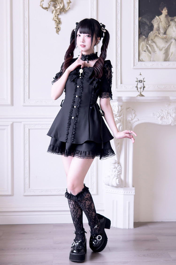Black [Waltz] Short Sleeves Ruffle Bowknot Gothic Jirai Kei Japanese Dress Set