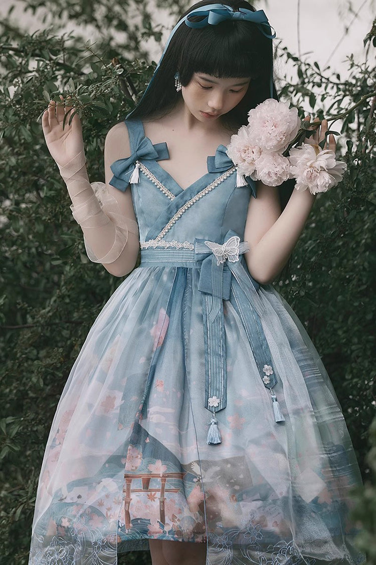 Multi-Color Mount Fuji Cherry Blossom Season Print Bowknot Alice Sweet Lolita JSK Dress