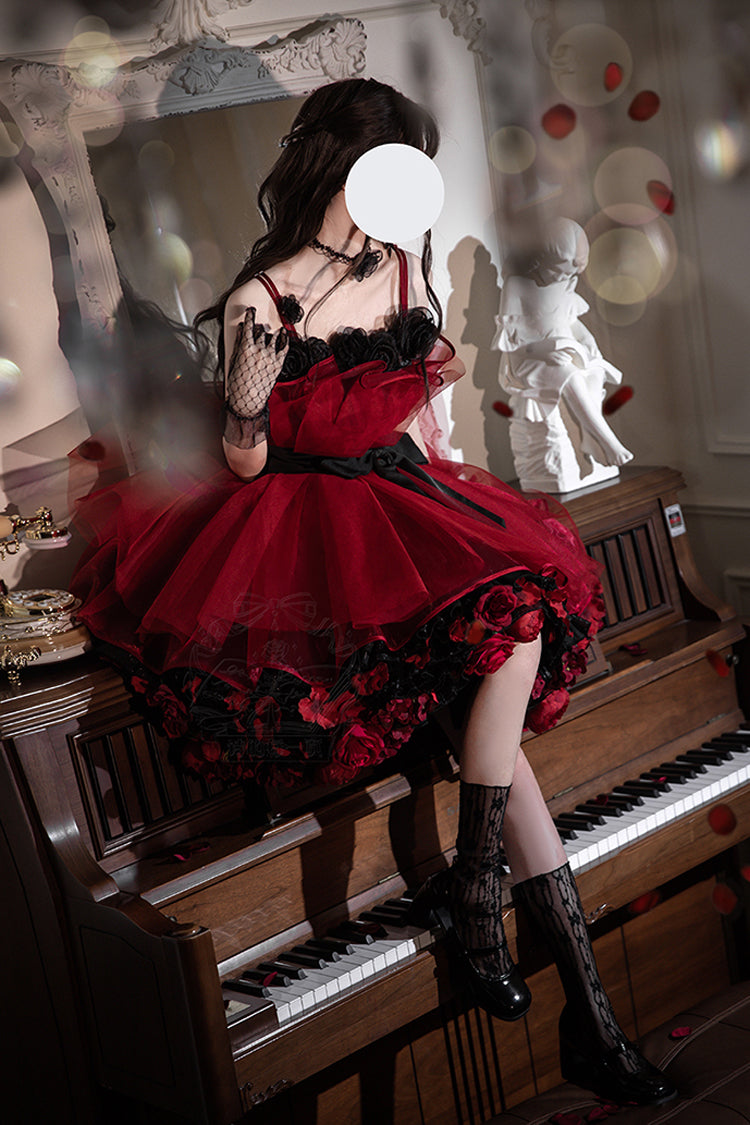 Robe Lolita Princesse Douce Sans Manches à Volants et Nœud Papillon [Bouquet de Nuit Éternelle] Rouge Vin 
