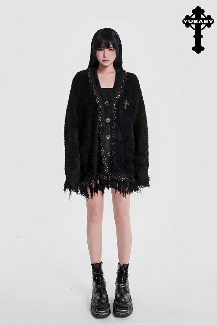 Manteau pour femme noir gothique à ourlet effiloché et perles cloutées à manches longues