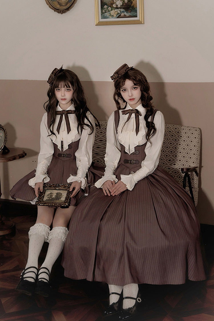 Brown [Manchester City's Past] Striped Print Breast Support Short Version Sweet Lolita Dress