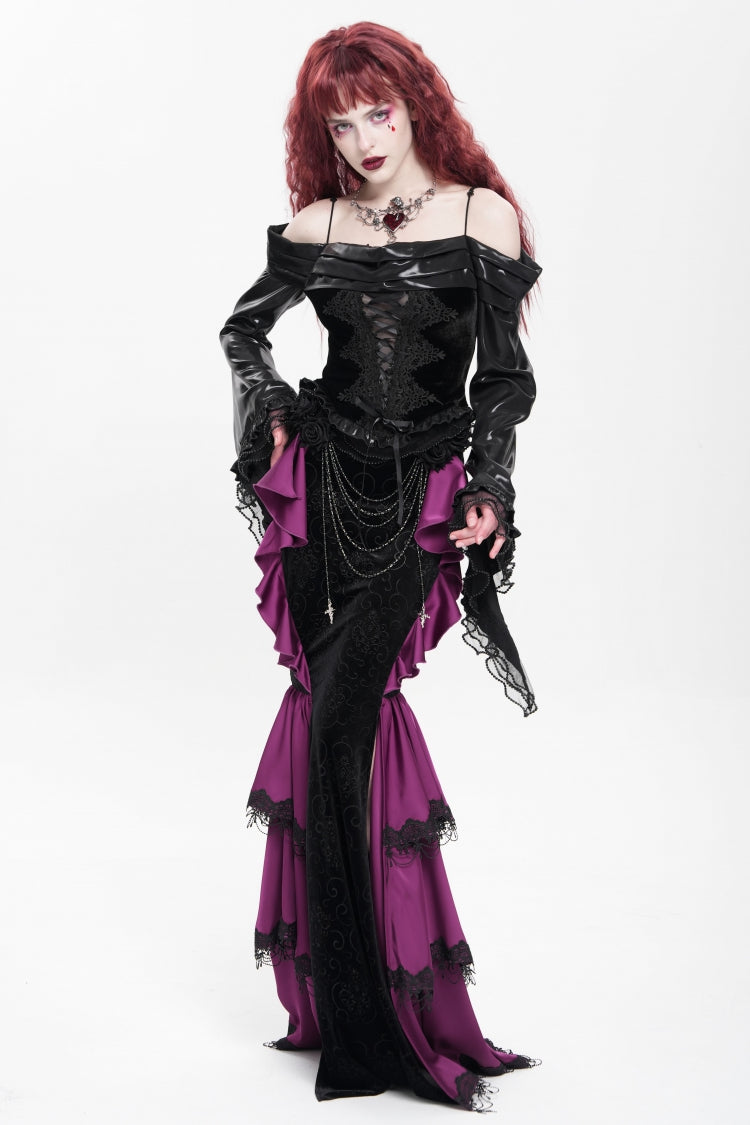 Purple Floral Print Lace-Up Rose Chain Women's Gothic Fishtail Skirt