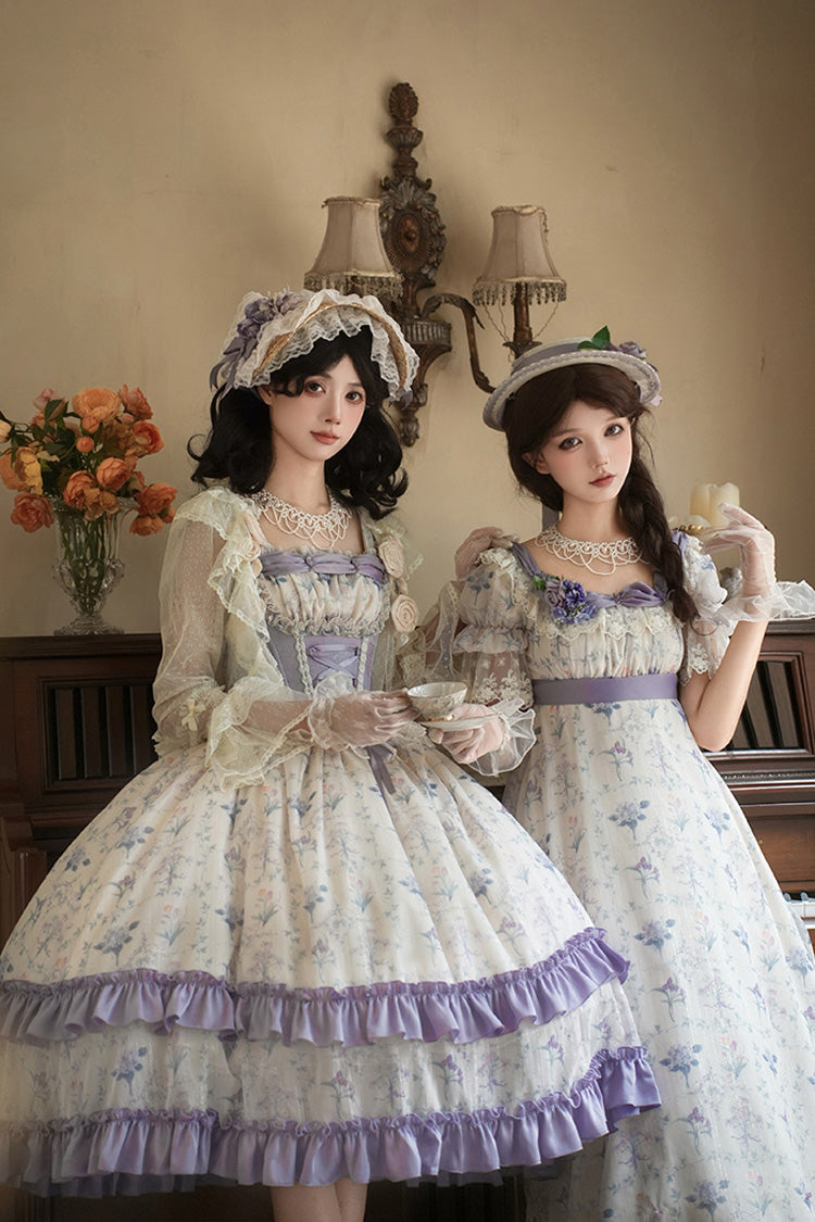 Purple/Ivory [Iris Secrets] Short Sleeves Double-Layered Print Ruffle Bowknot Lace-Up Sweet Lolita Dress