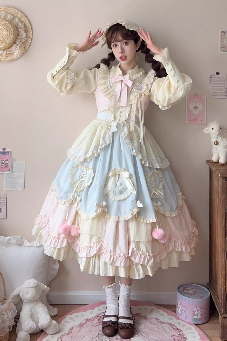 Multi-Color [Mianmian Macaron] Sleeveless Multi-Layered Ruffle Bowknot Lace Sweet Lolita Jsk Dress (Long Version)