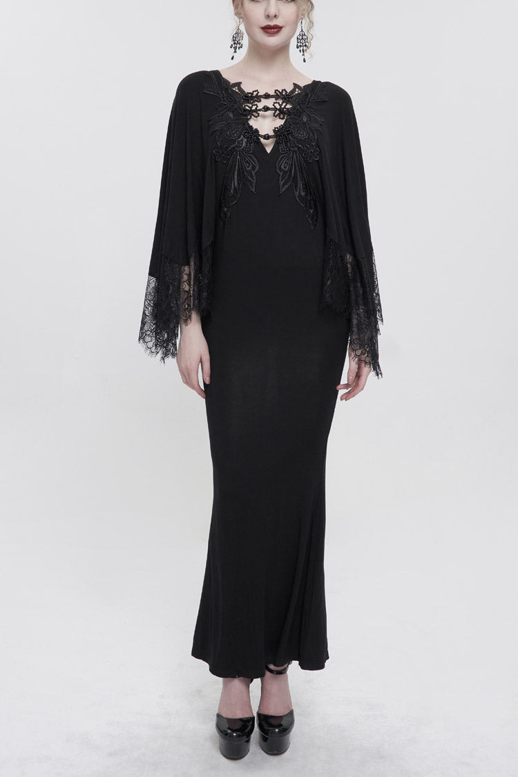 Black Deep V Neck Bat Sleeve Chest Appliqu Lace Bead Buckle Connection Small Fishtail Long Women's Gothic Dress