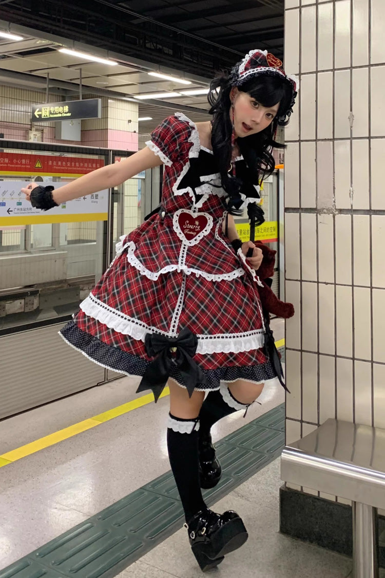 Red [Shibuya Sweetheart] Short Sleeves Plaid Print Ruffle Bowknot Sweet Lolita OP Dress (Plus Size Support)