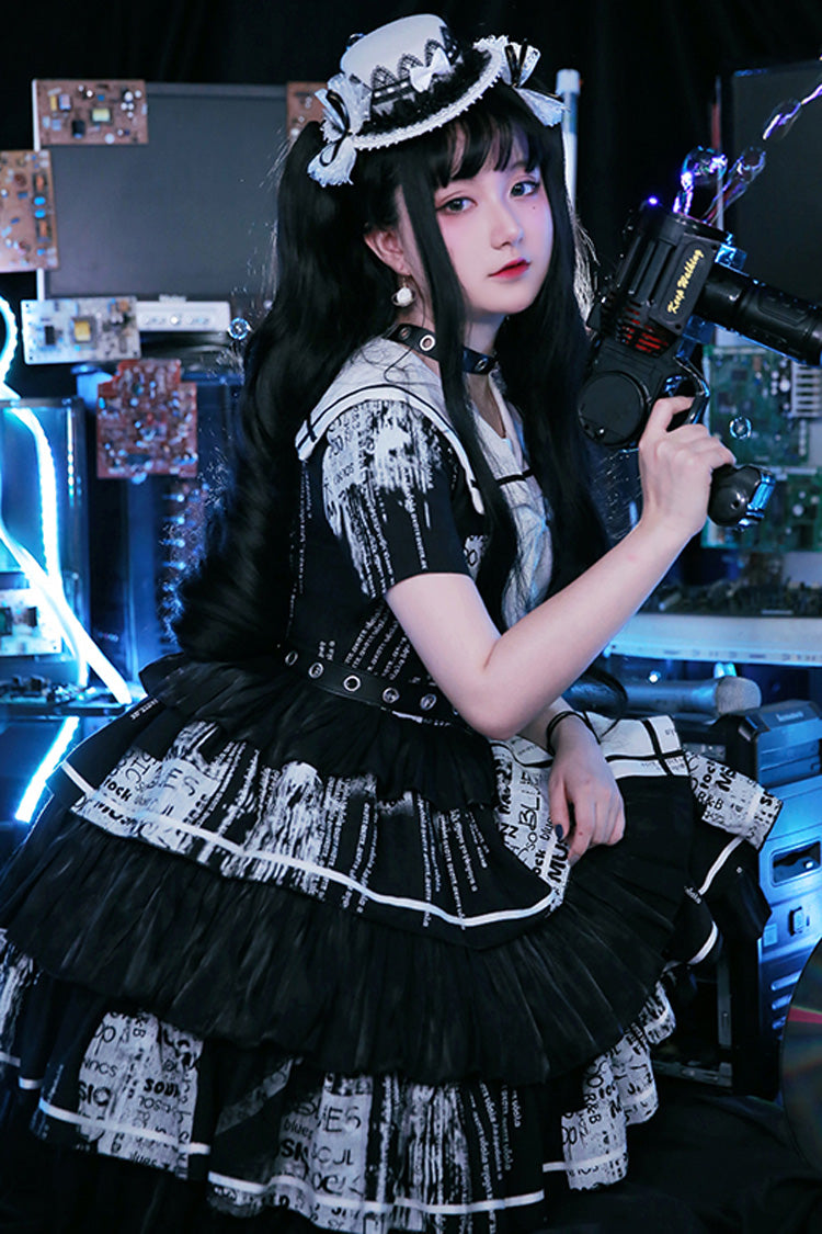 Black Short Sleeves Multi-Layered Print Ruffle Bowknot Asymmetric Punk College Style Lolita Dress