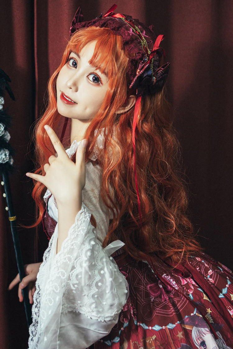 Robe Jsk Lolita élégante et douce à nœud papillon à volants imprimés sans manches [Petite Sorcière] rouge 