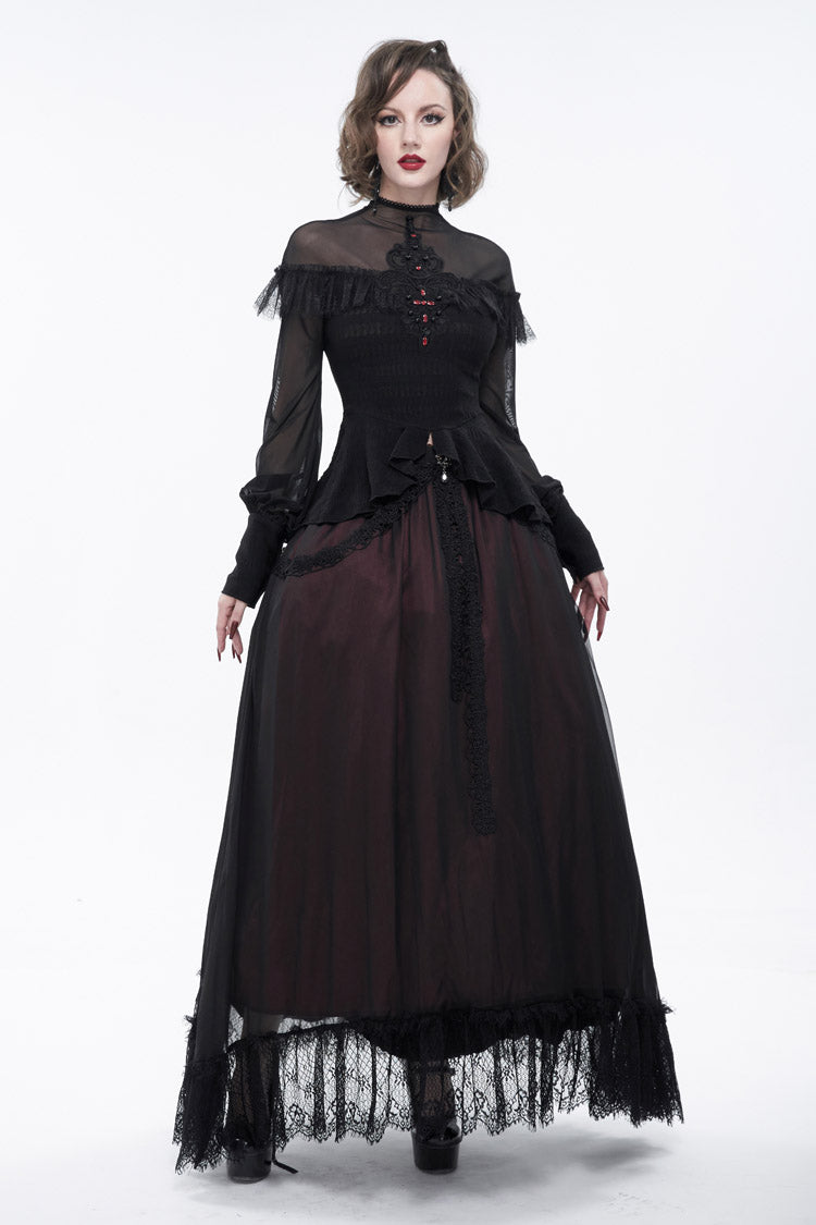 Schwarzes, sexy Rollkragen-Spitzen-Panel aus Netzstoff mit Laternenärmeln im Retro-Look für Damen im Gothic-Stil