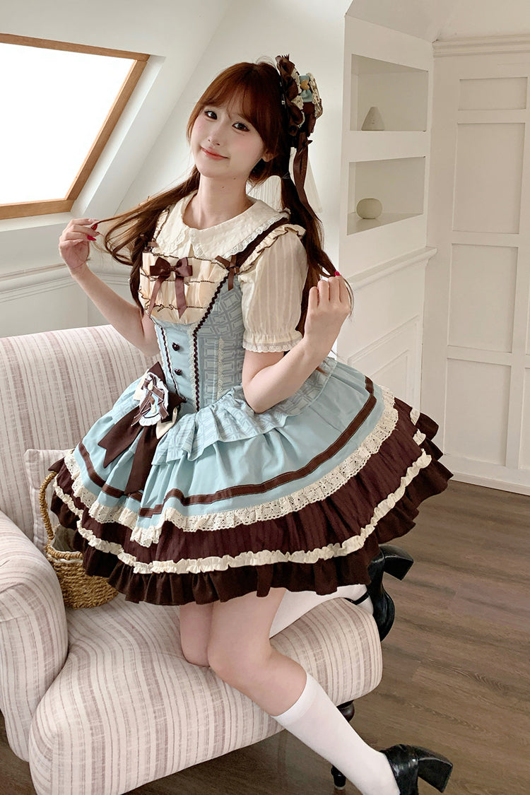 Green/Brown [Mint Chocolate] Sleeveless Triple-Layered Ruffle Bowknot Sweet Lolita Jsk Dress