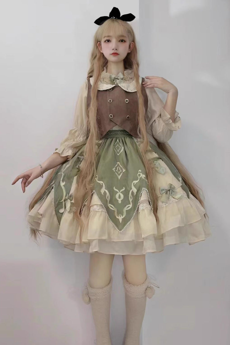Green [The Wizard of Oz] Multi-Layered Print Ruffle Bowknot Sweet Lolita Dress Three Piece Set