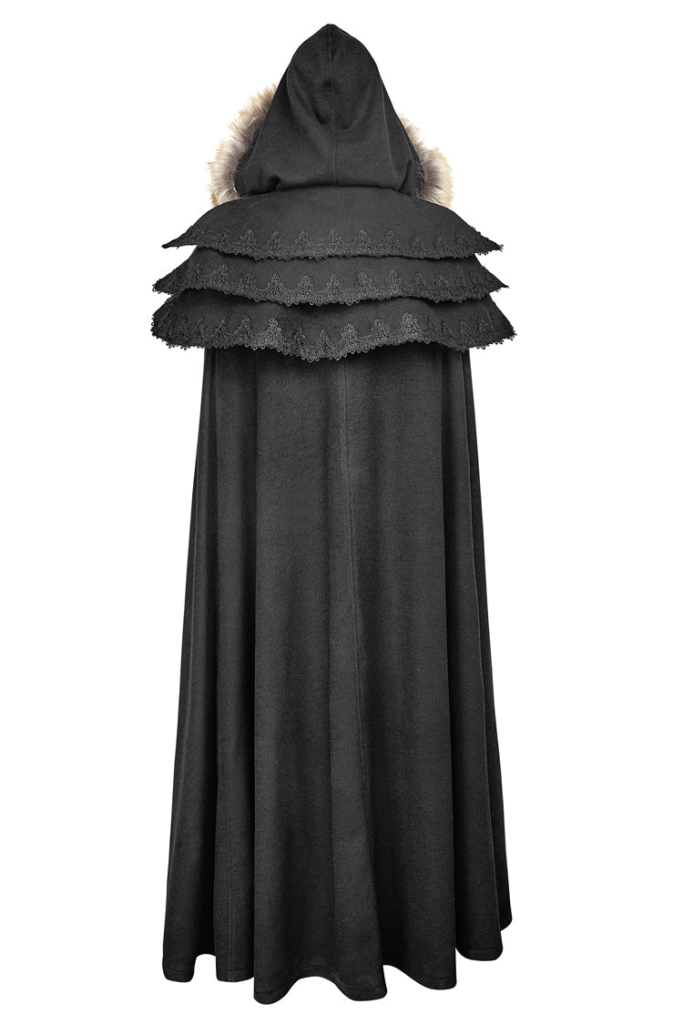 Black Hooded Fur Collar Wool Long Womens Gothic Coat Cloak